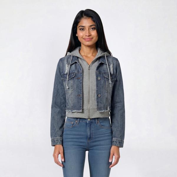 Juniors Love Tree Cropped Layer Denim Jacket with Fleece Hood